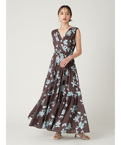 フラワープリントカシュクールワンピース フラワープリントカシュクールワンピース／接触冷感（マキシ丈