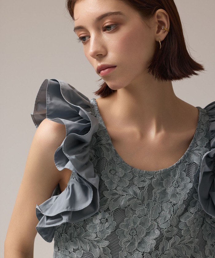 【新品未使用】グレースコンチネンタル フリルレースワンピース 38 ブルー セール】 フリルレースワンピース （ロング・マキシ丈ワンピース