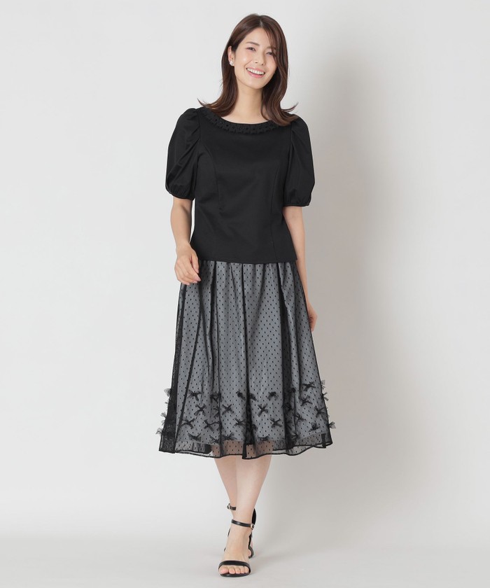 tシャツ タックリボン＆ビジューネック カットソー レディース L】タックリボン＆ビジューネック カットソー(508343782)｜阪急