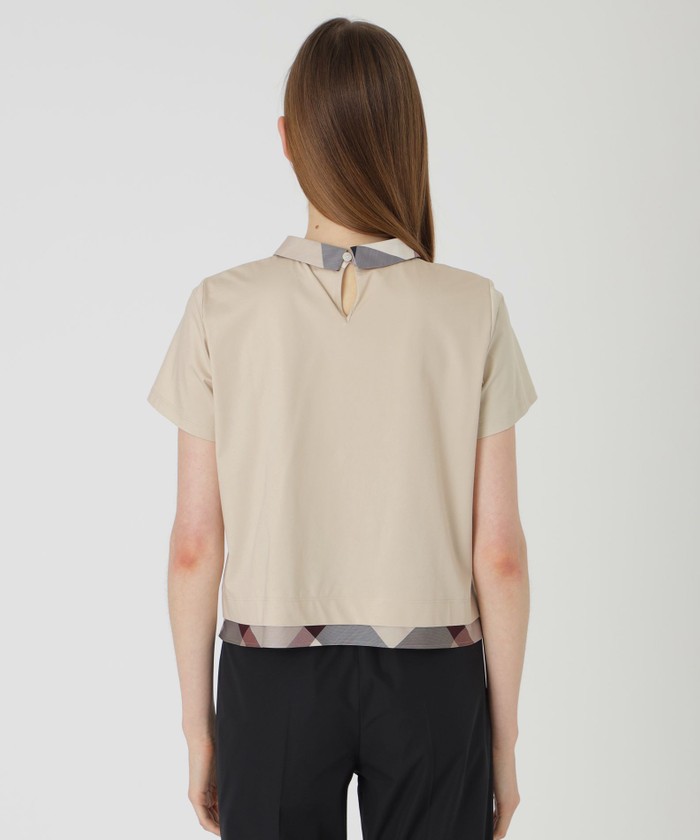 ピマコットンプレーティング天竺袖口チェックTシャツ ピマコットンプレーティング天竺パーシャルチェックカットソー
