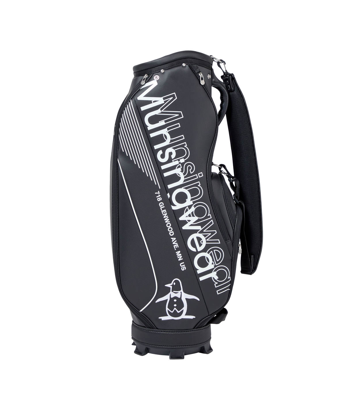 Munsingwear ロゴ入りの黒と白のゴルフバッグ Munsingwear 8.5型ビッグロゴキャディバッグ -デサントストア