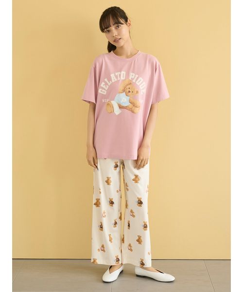 ハートワンポイントロンT&ロングパンツセット ピンク ONLINE限定】CAT柄ワンポイントTシャツ&ロングパンツセット