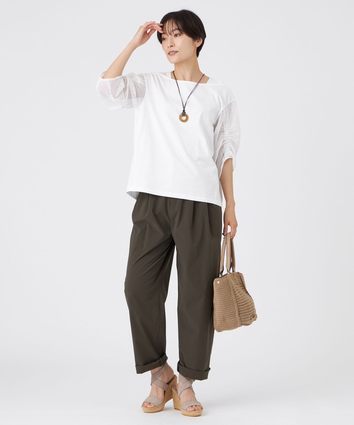 tシャツ 「L」「ウォッシャブル」メッシュコンビカットソー レディース L】【ウォッシャブル】メッシュコンビカットソー(508414867