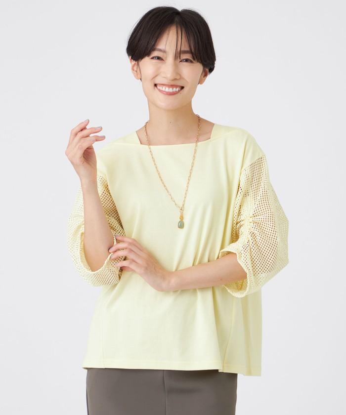tシャツ 「L」「ウォッシャブル」メッシュコンビカットソー レディース L】【ウォッシャブル】メッシュコンビカットソー(508414867