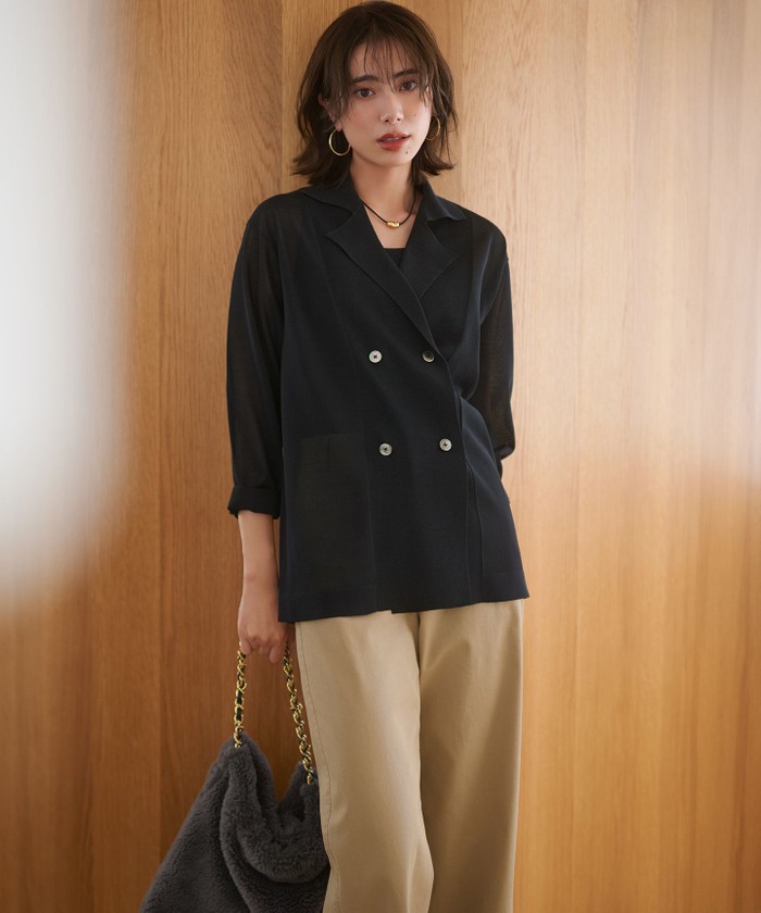 ダブルブレストシアージャケット 洗える】シアー ダブルブレスト ニット ジャケット(508368365)｜阪急