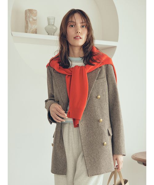 Stola.【極美品】洗える✨ダブルブレストロングジレ 38 ブラウン チェック金釦ダブルブレストロングブレザー(508433703)｜阪急