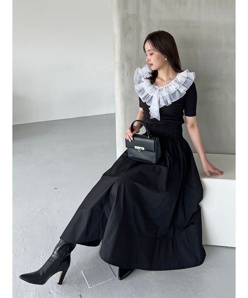 GLOWNY ブラック フレアスカート S ELFRANK スカート シャイニータックフレアロングスカート
