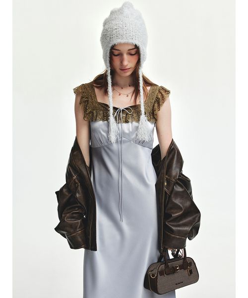 LILYBROWN ヴィンテージレーストリムサテンロングドレス　イエロー &mall（アンドモール）三井ショッピングパーク公式通販