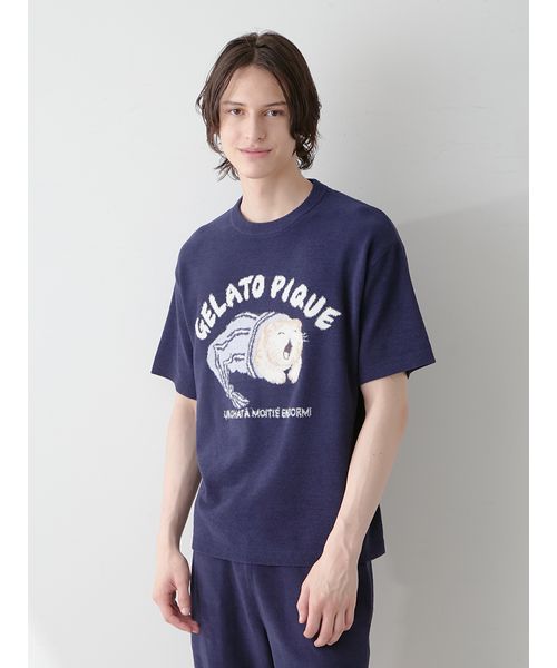 新品未使用　gelato pique CAT ジャガードプルオーバー　ブルー HOMME】sleeping cat ジャガードプルオーバー(508440780