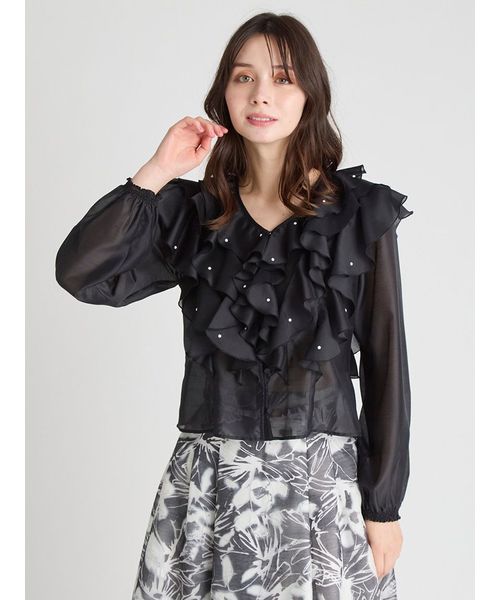 HANAE MORI×CELFORDコラボ パール付きフリルブラウス HANAE MORI×CELFORDコラボ】 パール付きフリルブラウス(508398226