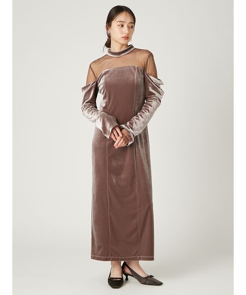 ゴージャスチュールラメ 2Way オフショルダー ベロア切り替え バースデー LEJA Dress Styling】 ☑︎ シアースパンコールベロアIラインドレス