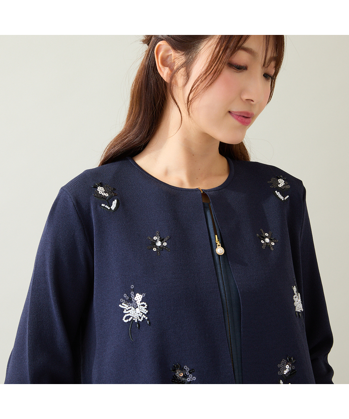 新品タグ付　ADAWAS スパンコール刺繍　カーディガン 人気デザイン】フラワースパンコール刺繍カーディガン(508555554