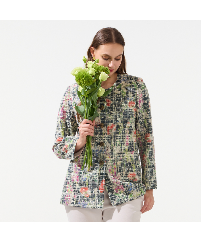 美品Liliane Burty 3Lイタリア製素材 綿ノーカラージャケット 美品Liliane Burty 3Lイタリア製素材 綿ノーカラージャケット