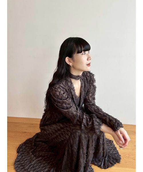 WEB限定00サイズ】ボウタイ付きフリンジジャガードペプラム