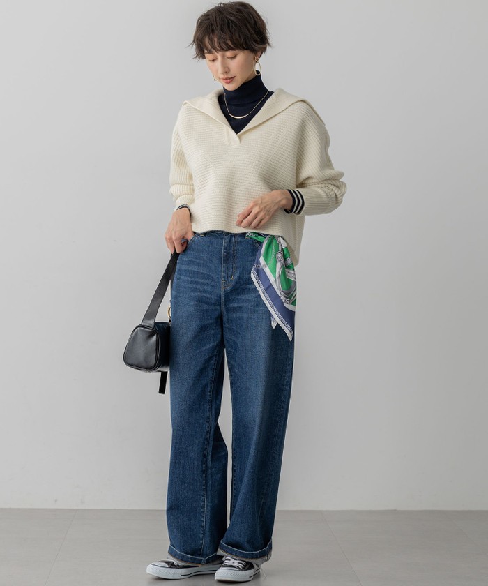 洗える】ウールカシミヤチャンキー クロップド スキッパーニット