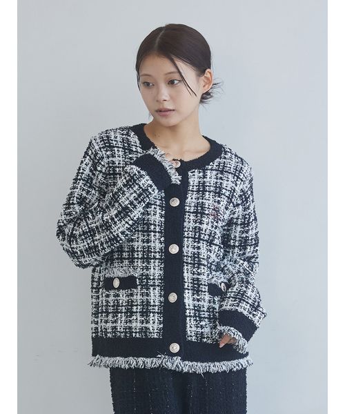 JOEL ROBUCHON】ツイードモコクルーネックカーディガン(508625154