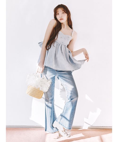 L.B CANDY STOCK]ビッグリボンビジューペプラムトップス(508684469