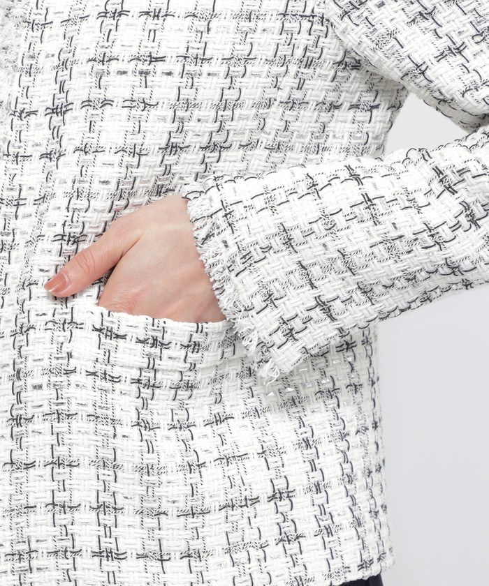 JUSGLITTY カラーツイードジャケット ホワイト ホワイト ノーカラージャケットJUSGLITTY ラメツイードニットジャケット