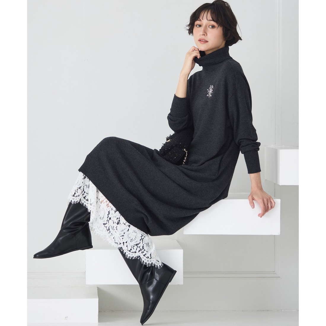 23区 【洗える】カシミヤブレンド タートルネック ニットワンピース