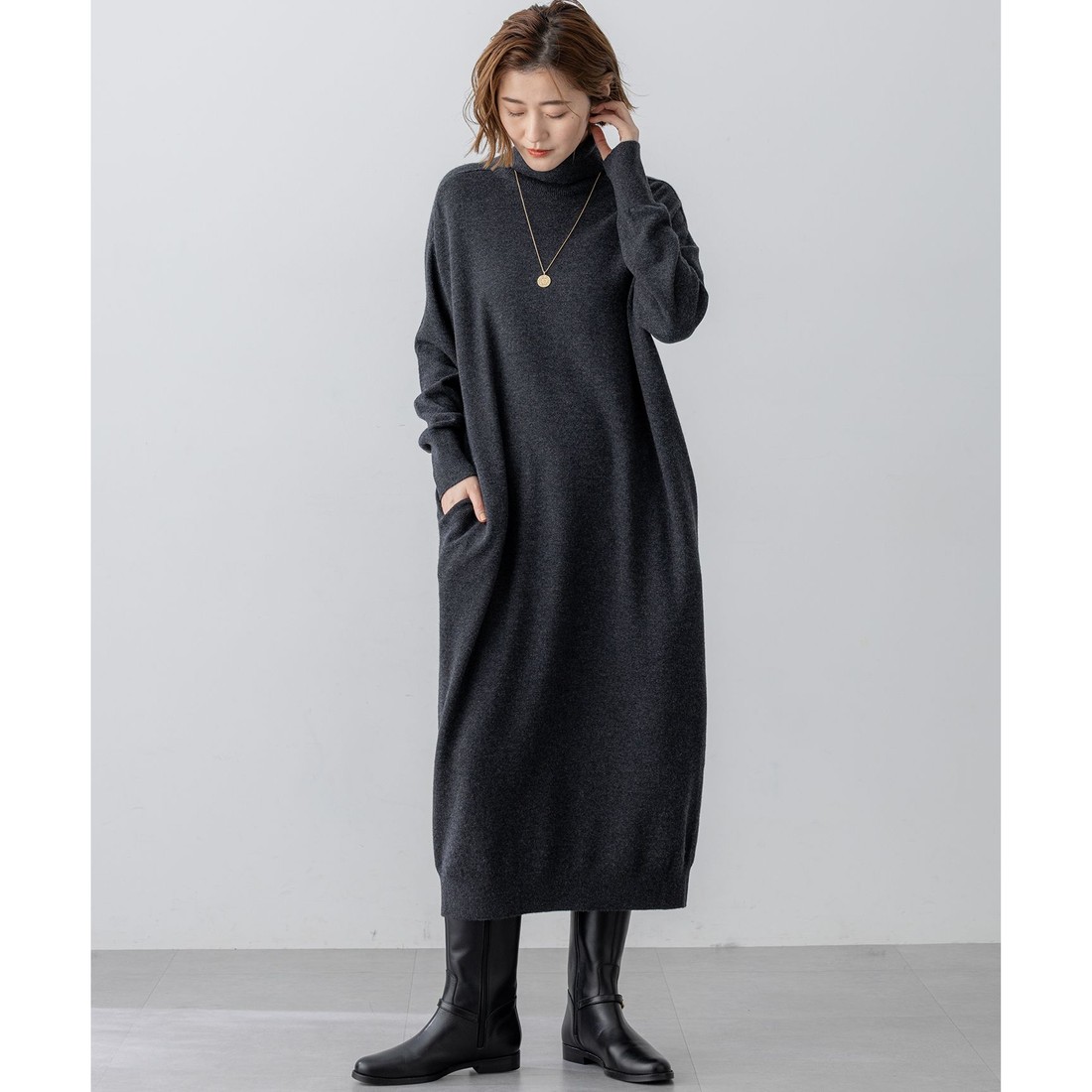 23区 【洗える】カシミヤブレンド タートルネック ニットワンピース