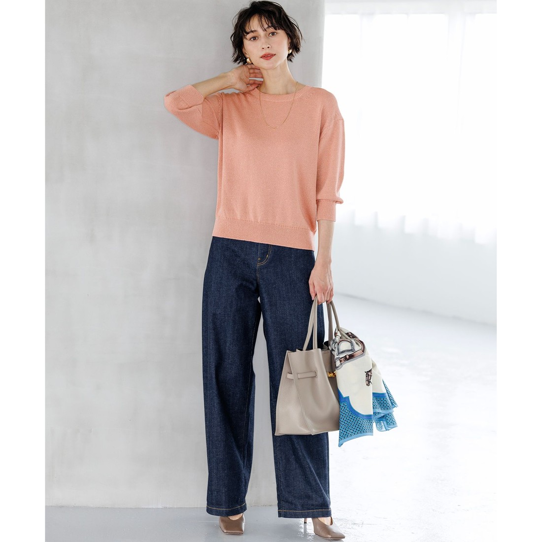 Rene 25AW ルネ 袖口パール装飾 パフスリーブ ラメ ニット トップス 23区（大きいサイズ） コットンストレッチルレックス パフスリーブ