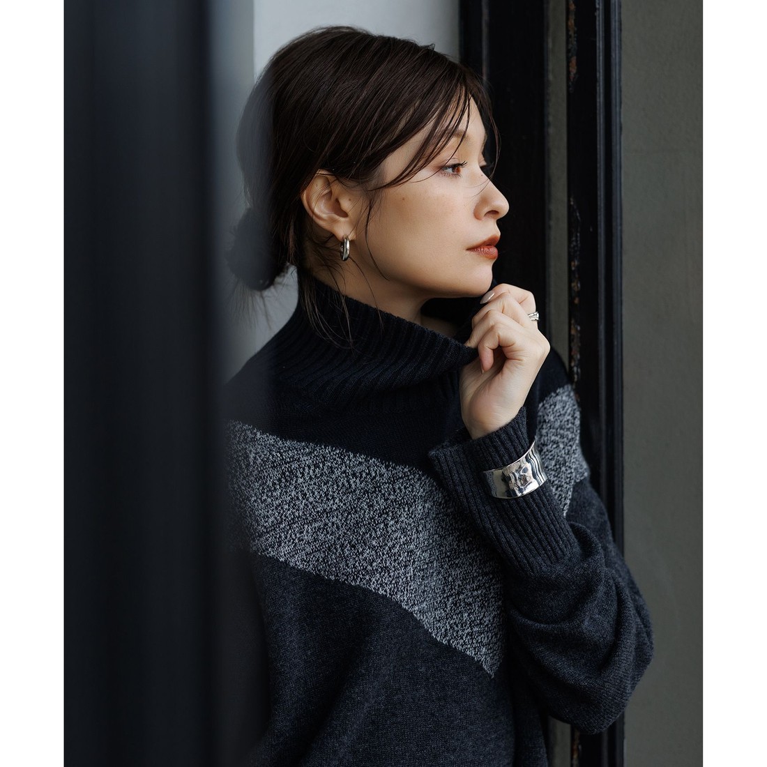 ICB L 【洗える】ソフトカシミヤミックス インターシャ ハイネック
