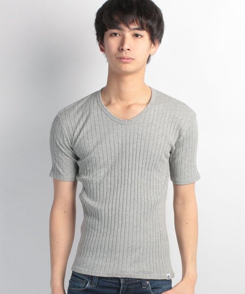 JEANS MATE(ジーンズメイト)/【OUTDOOR　PRODUCTS】フトストライプVネックTシャツ/モクグレー