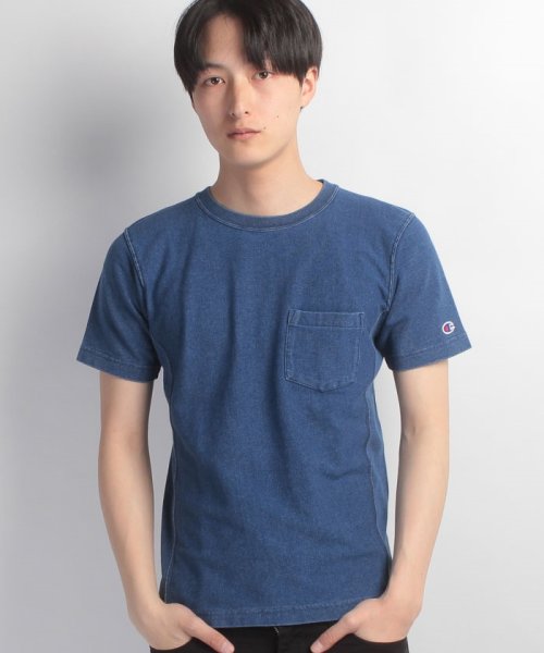 JEANS MATE(ジーンズメイト)/【CHAMPION】REVERSE　WEAVE　インディゴポケットTシャツ/ブルー