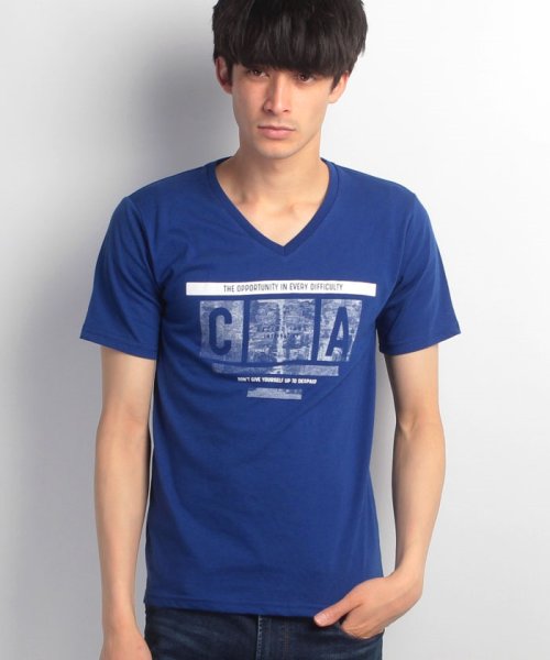 JEANS MATE(ジーンズメイト)/【FORT　POINT】フォトプリントVネックTシャツ/ブルーF