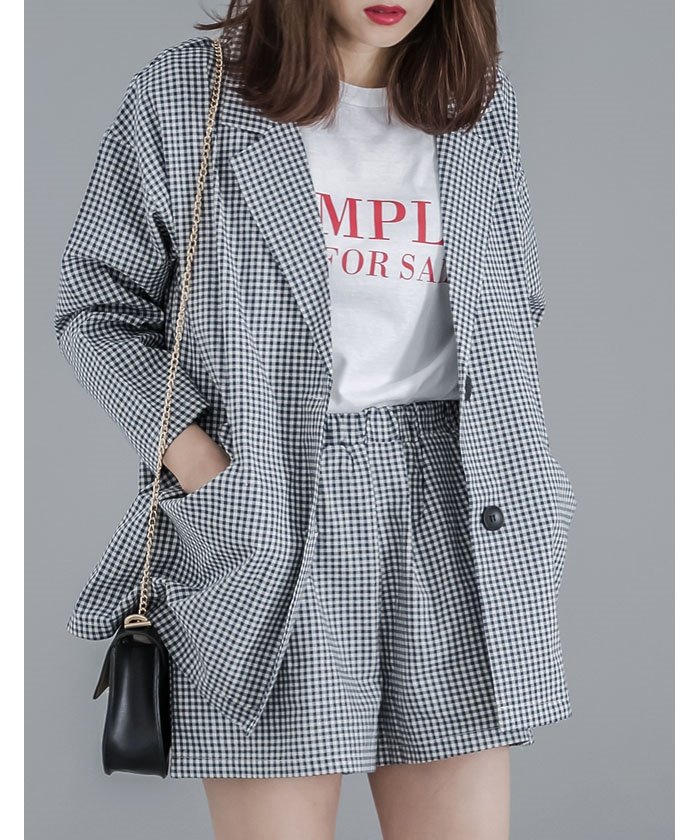 2点set ギンガムチェックオーバーサイズジャケットショートパンツセットアップ リエディ Re Edit Magaseek