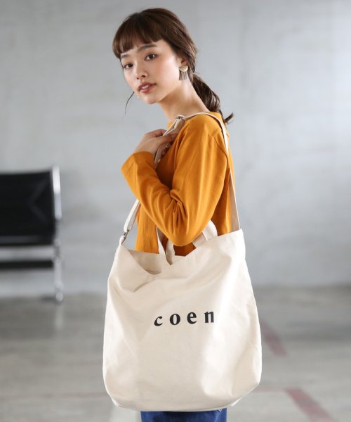 coen(coen)/【2018SS新作 Largeサイズ】coen2WAYロゴトートバッグ/OFFWHITE