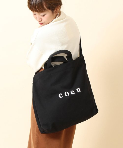 coen(coen)/【2018SS新作 Largeサイズ】coen2WAYロゴトートバッグ/BLACK