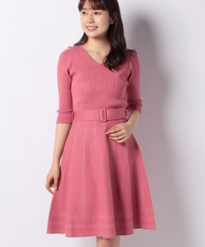 Jusglitty ジャスグリッティー 6分袖ベルト付柄編みフレアニットワンピース ワンピース ワンピ ニット ニットワンピース フレア フレアシルエット フレアワンピース 柄編み 柄編みニット ベルト ベルト付 ウエスト ウエストベルト Vネック Vネックワンピース 6分袖 6分袖