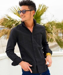 CavariA(キャバリア)/CavariA 綿麻ホリゾンタルカラー長袖シャツ カジュアルシャツ/ブラック