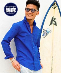 CavariA(キャバリア)/CavariA 綿麻ホリゾンタルカラー長袖シャツ カジュアルシャツ/ブルー