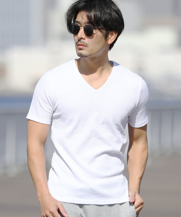 Vネックワッフルｔ サーマル Tシャツ Vネック 夏服 メンズ 半袖 無地