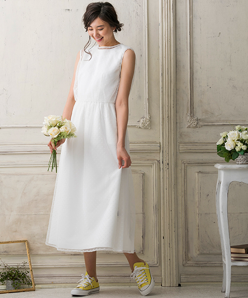 【結婚式・ウェディングドレス】kaene/ギャザーフレアワンピース&ドットチュールワンピース　セットアップドレス