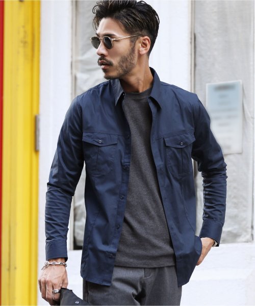 ストレッチ ブロード ミリタリーシャツ 無地 長袖シャツ シャツ メンズ ジギーズショップ Jiggys Shop Magaseek