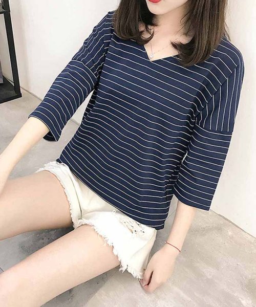 セール カットソー ボーダー Vネック Tシャツ 半袖 トップス レディース 春 可愛い ミニミニストア Miniministore Magaseek