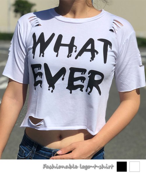 へそ出し トップス レディース 半袖 ロゴtシャツ ダメージ Tシャツ ショート丈 ミニミニストア Miniministore Magaseek