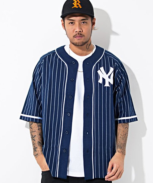 Majestic マジェスティック Ny ピンストライプベースボール半袖シャツ マジェスティック Majestic Magaseek