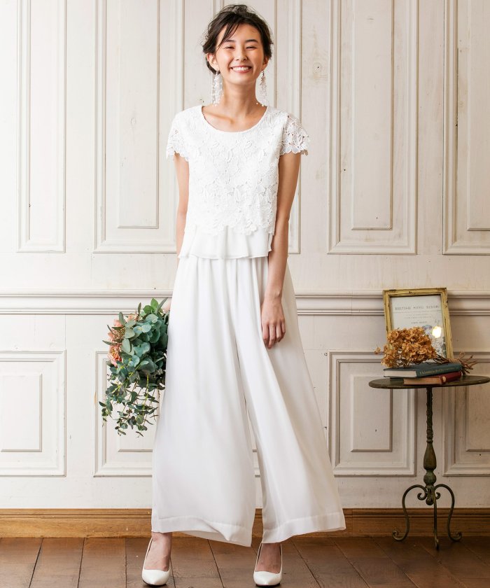 結婚式 ウェディングドレス Troisiemechaco フラワーレースブラウス シフォンワイドパンツブライダルパンツドレス フォルムフォルマ Form Forma Magaseek