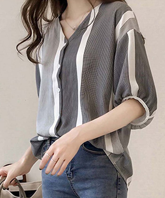 ブラウス レディース マルチストライプ ブラウス 体型カバー シャツ 夏服 ミニミニストア Miniministore Magaseek