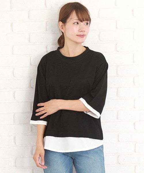 Uネック重ね着風tシャツ ゆったり 夏 重ね着風 体型カバー ７分丈 クルーネック アミュレット Amulet Magaseek