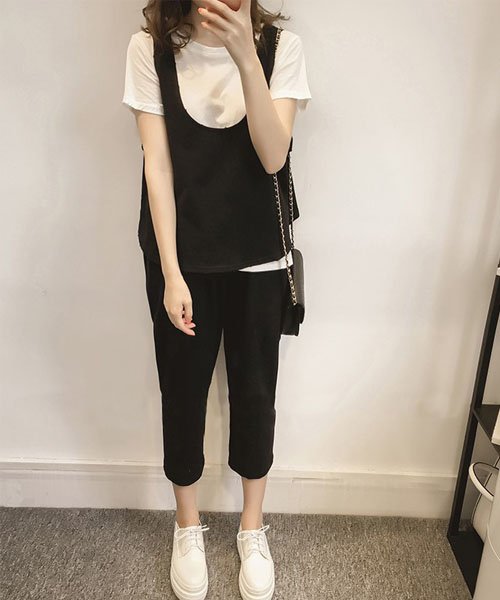 3点セット ノースリーブ クロップドパンツ Tシャツ セットアップ レディース セット ファッション サロペット オールインワン夏 アミュレット Amulet Magaseek