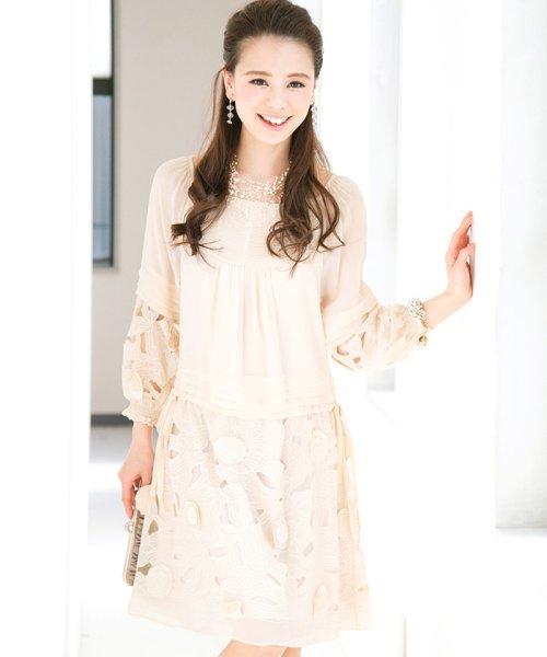 結婚式 パーティー 花柄カットワーク シフォン Aライン 七分袖 ワンピース プールヴー Pourvous Magaseek