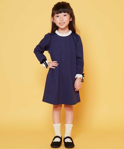 a.v.v(KID'S)(アー・ヴェ・ヴェキッズ)/[100－130]フリルネックＡラインワンピース[WEB限定サイズ]/ネイビー