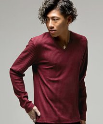 CavariA(キャバリア)/CavariA【キャバリア】ストライプテレコVネック長袖Tシャツ/ワイン