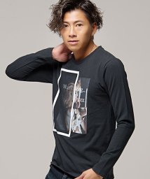 CavariA(キャバリア)/CavariA【キャバリア】フォトプリント別布メッシュ使いクルーネック長袖Tシャツ/ブラック