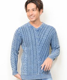 CavariA(キャバリア)/CavariA【キャバリア】バイアス編みVネック長袖コットンニットソー/サックス